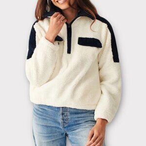 Faherty Cord Mix High Pile Fleece Popover Navy & White